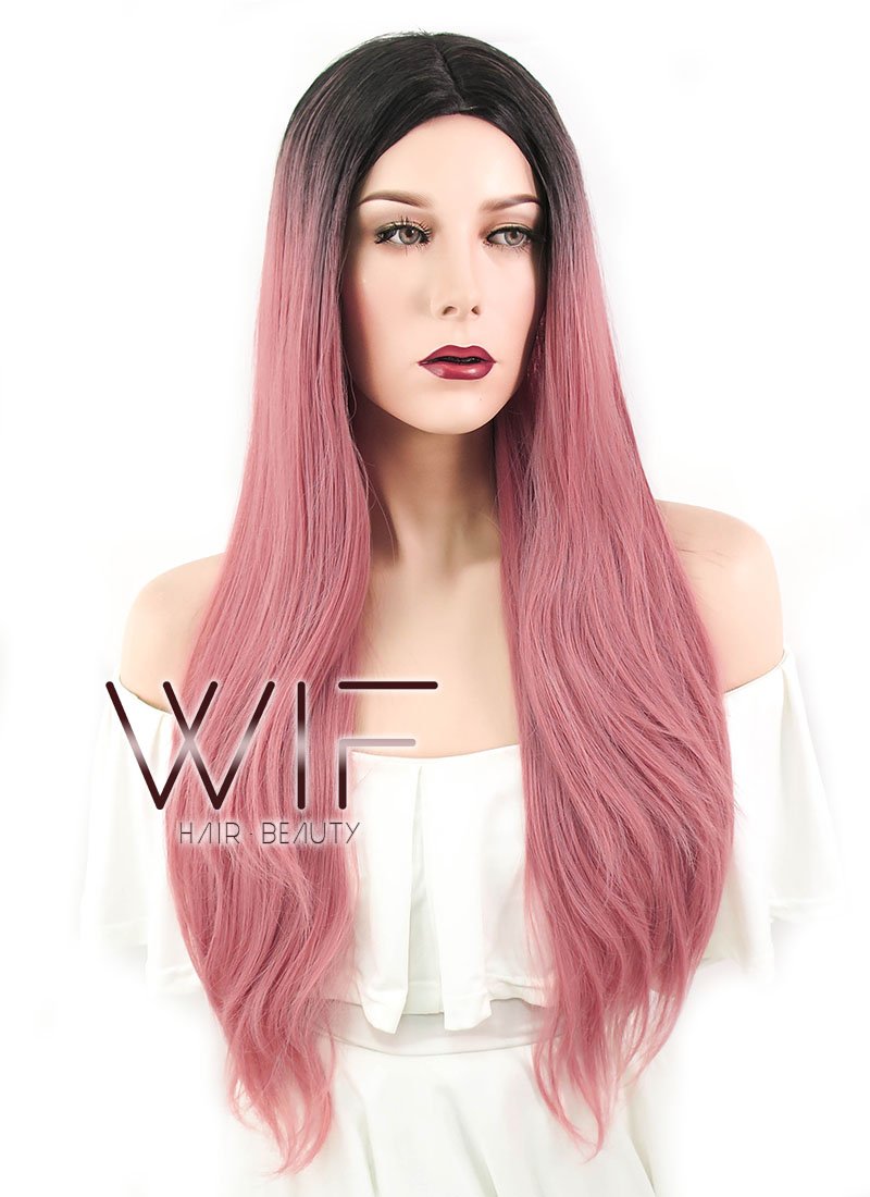 28" Straight Milkshake Pink With Dark Roots Synthetic Wig WIG302