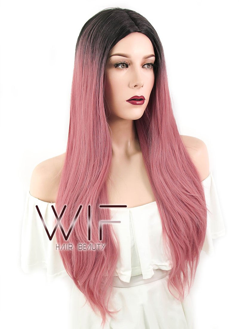 28" Straight Milkshake Pink With Dark Roots Synthetic Wig WIG302