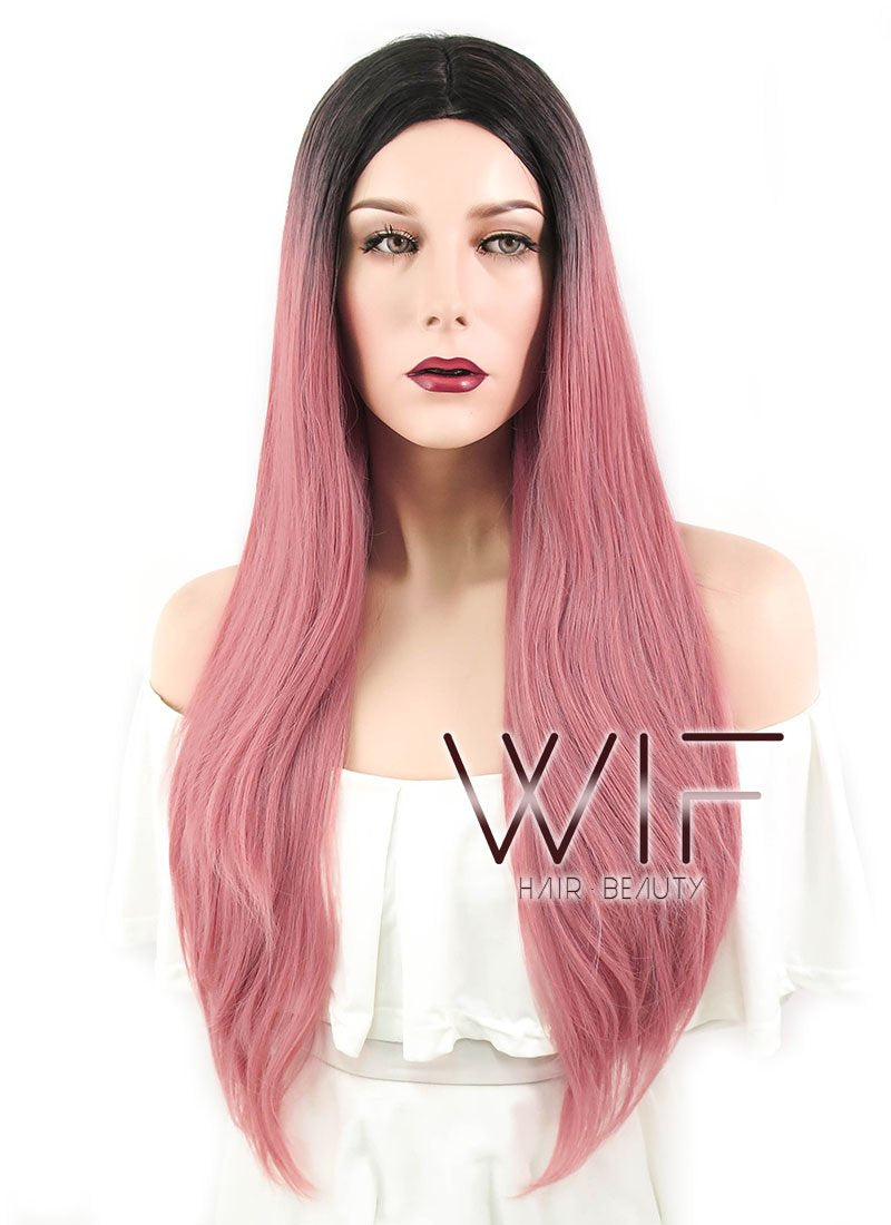28" Straight Milkshake Pink With Dark Roots Synthetic Wig WIG302