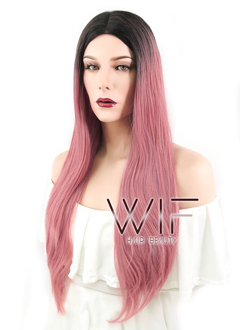 28" Straight Milkshake Pink With Dark Roots Synthetic Wig WIG302