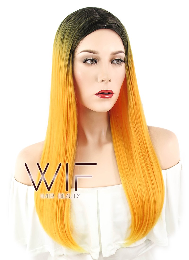 23" Straight Pumpkin Orange With Dark Roots Synthetic Wig WIG303
