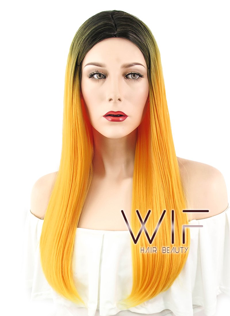 23" Straight Pumpkin Orange With Dark Roots Synthetic Wig WIG303