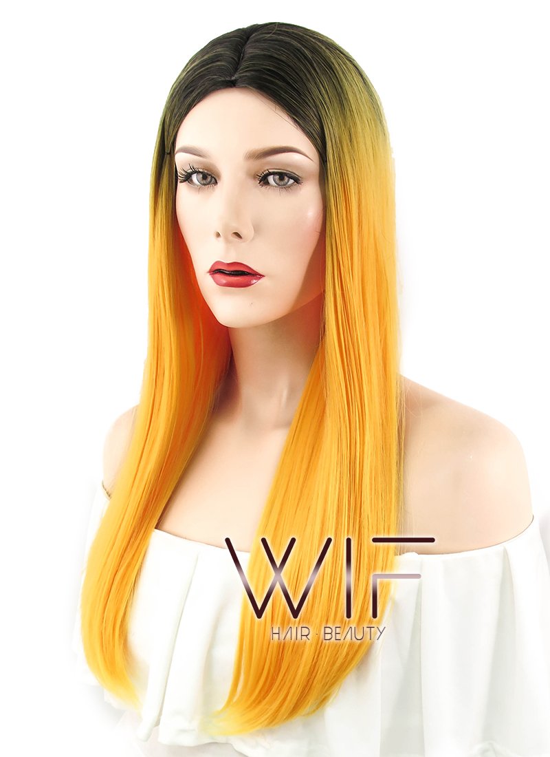 23" Straight Pumpkin Orange With Dark Roots Synthetic Wig WIG303