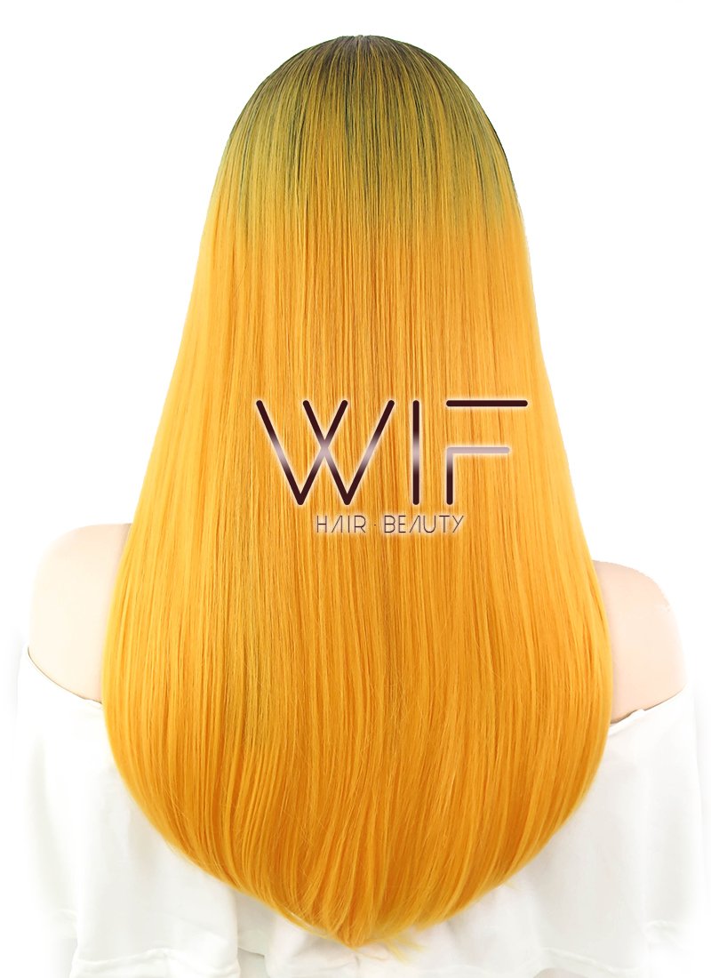 23" Straight Pumpkin Orange With Dark Roots Synthetic Wig WIG303