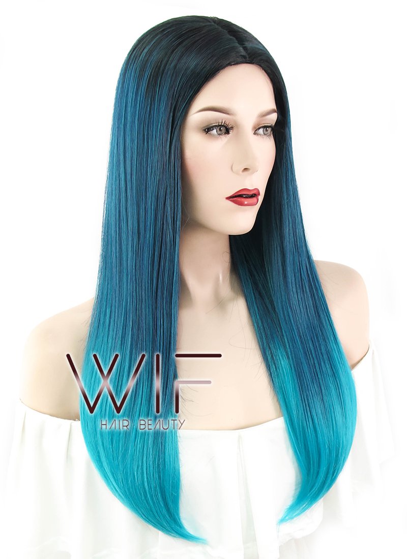 22" Straight Two Tone Blue With Dark Roots Synthetic Wig WIG304
