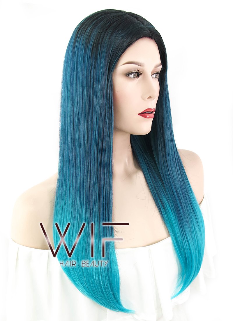 22" Straight Two Tone Blue With Dark Roots Synthetic Wig WIG304