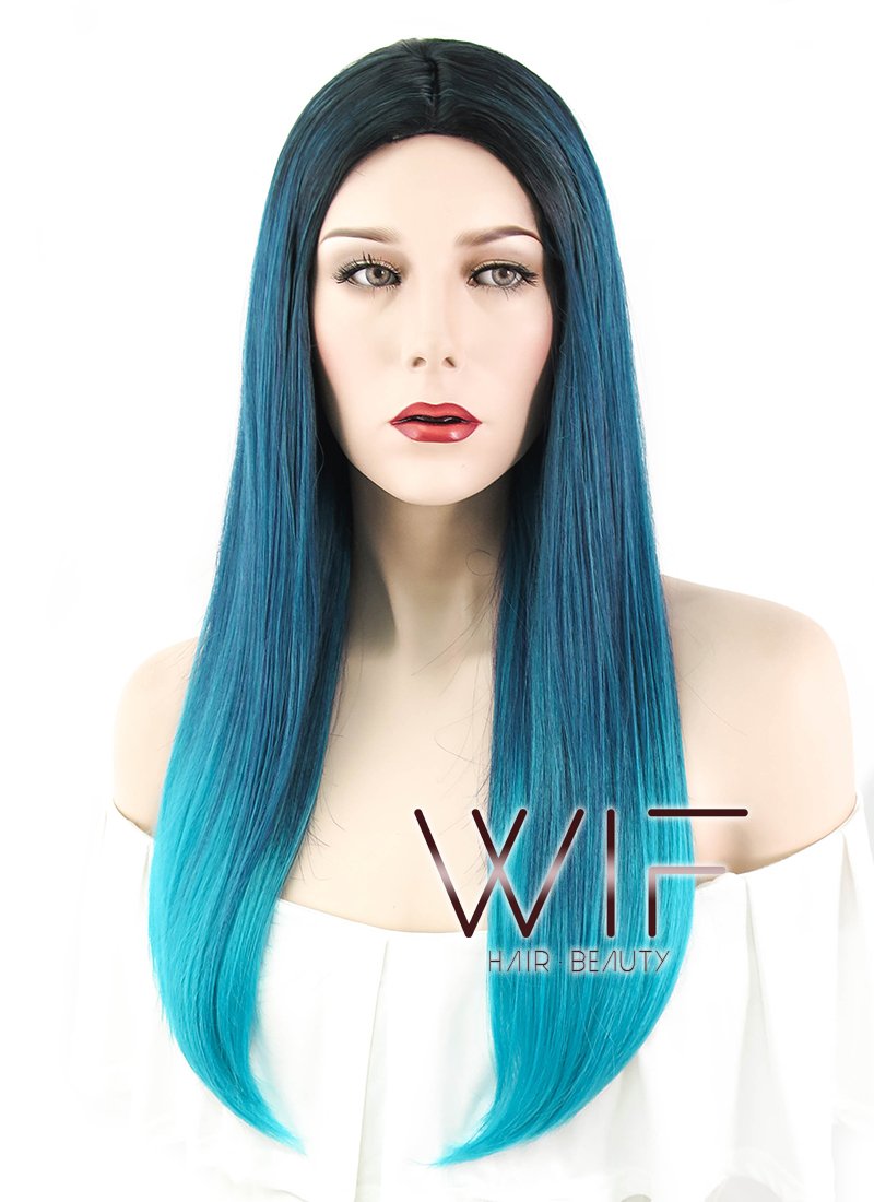 22" Straight Two Tone Blue With Dark Roots Synthetic Wig WIG304