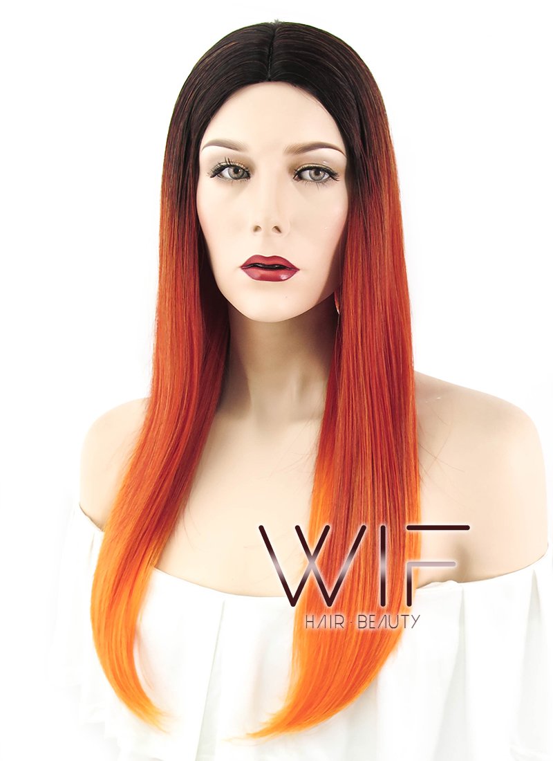 23" Straight Red Mixed Orange With Dark Roots Synthetic Wig WIG305