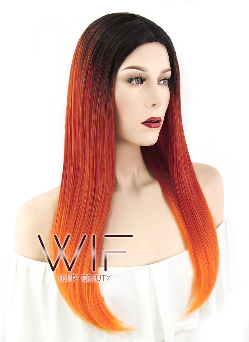 23" Straight Red Mixed Orange With Dark Roots Synthetic Wig WIG305