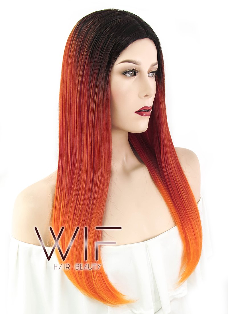23" Straight Red Mixed Orange With Dark Roots Synthetic Wig WIG305