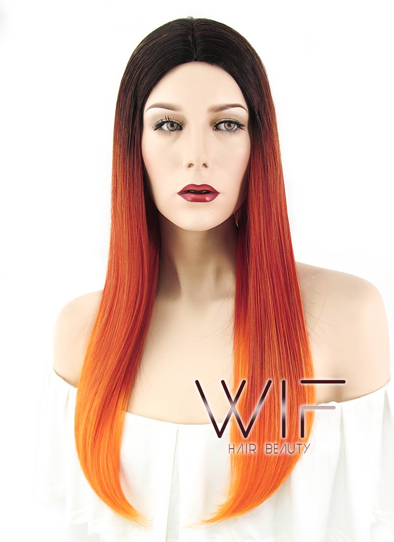 23" Straight Red Mixed Orange With Dark Roots Synthetic Wig WIG305