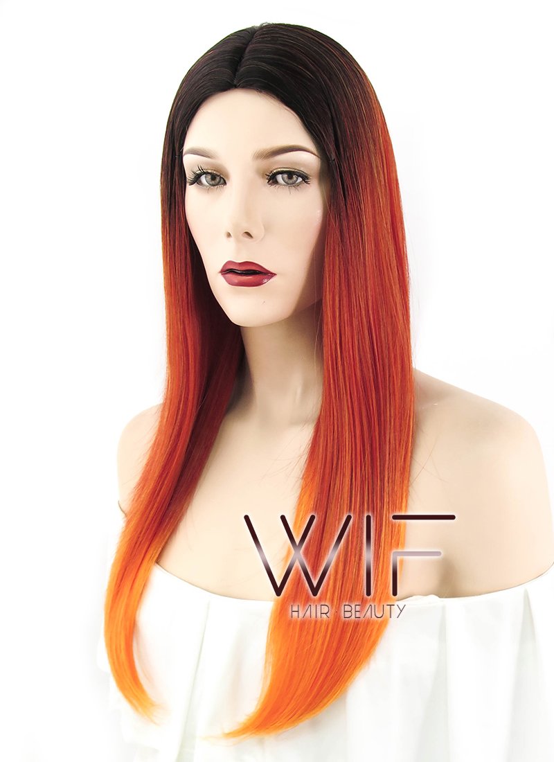 23" Straight Red Mixed Orange With Dark Roots Synthetic Wig WIG305