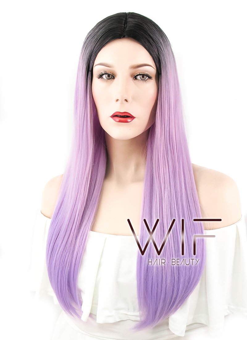 24" Straight Purple With Dark Roots Synthetic Wig WIG306