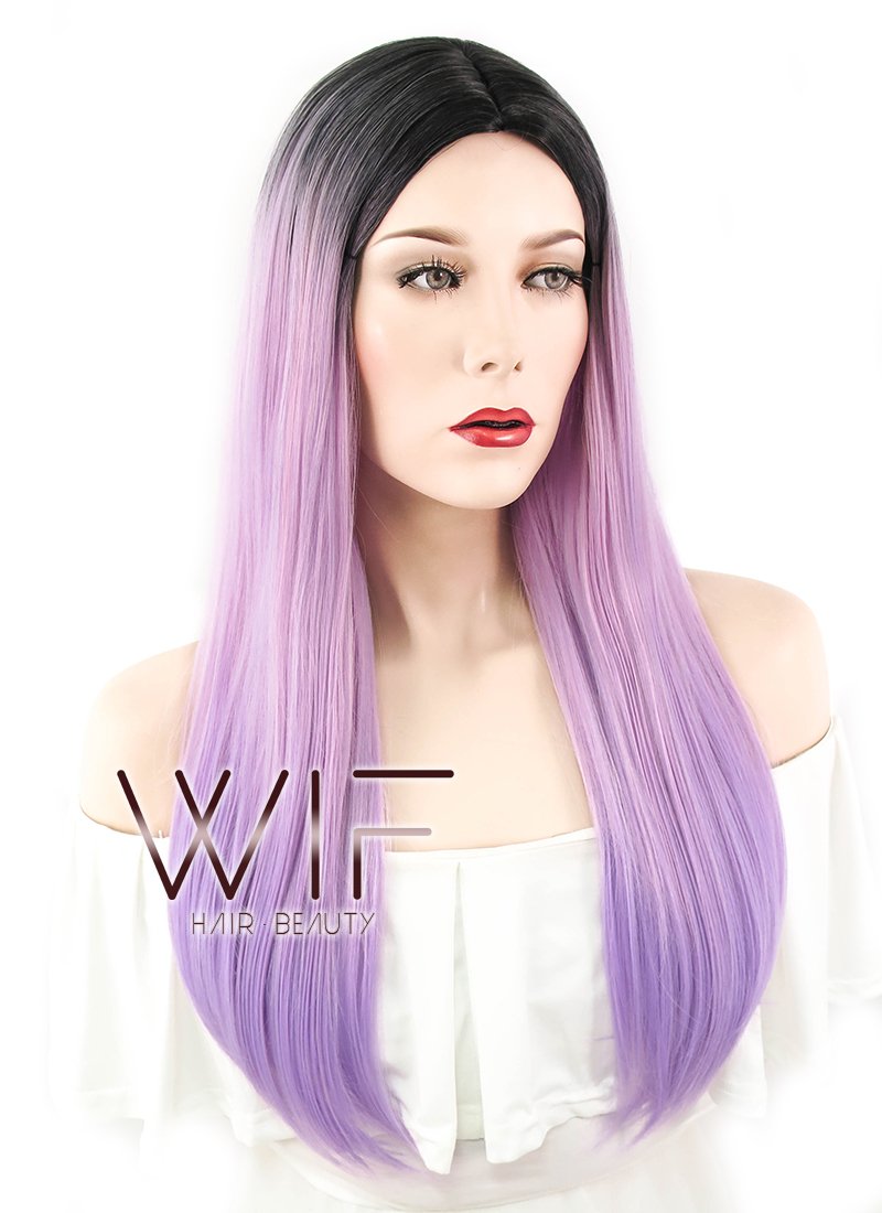 24" Straight Purple With Dark Roots Synthetic Wig WIG306