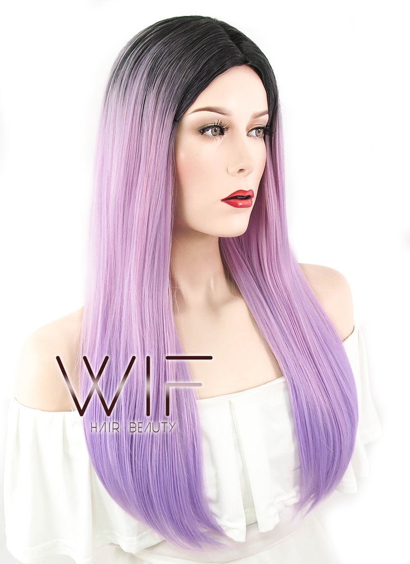 24" Straight Purple With Dark Roots Synthetic Wig WIG306