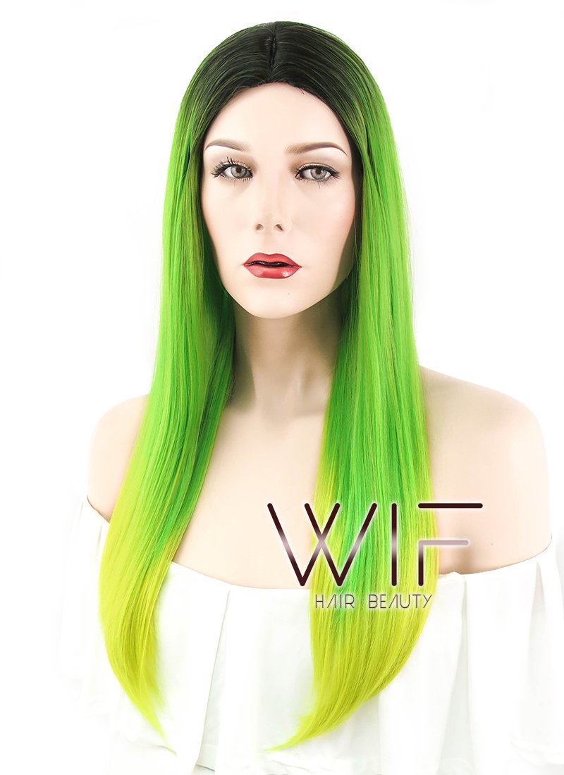 24" Straight Green Yellow Ombre With Dark Roots Synthetic Wig WIG307