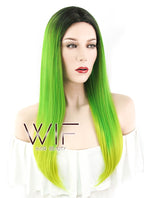 24" Straight Green Yellow Ombre With Dark Roots Synthetic Wig WIG307