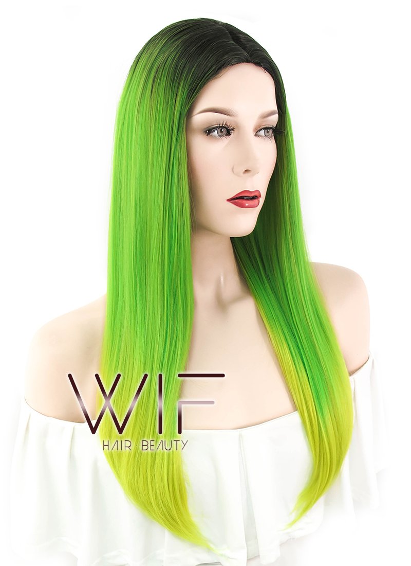 24" Straight Green Yellow Ombre With Dark Roots Synthetic Wig WIG307
