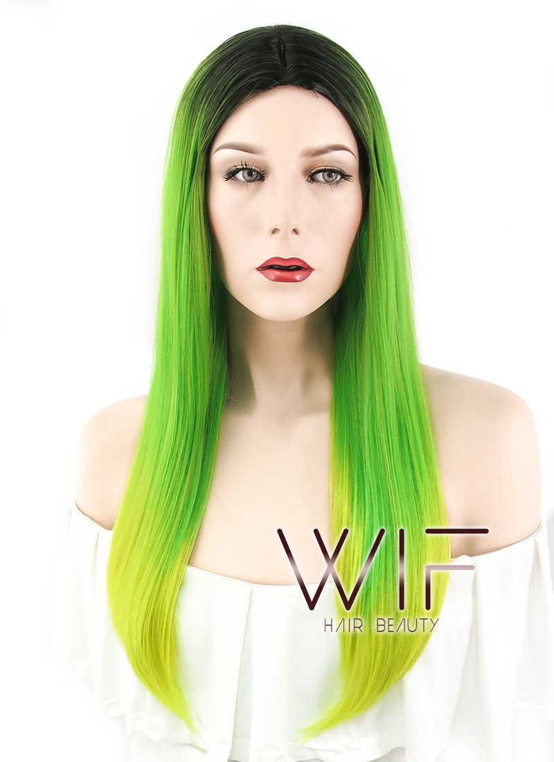 24" Straight Green Yellow Ombre With Dark Roots Synthetic Wig WIG307