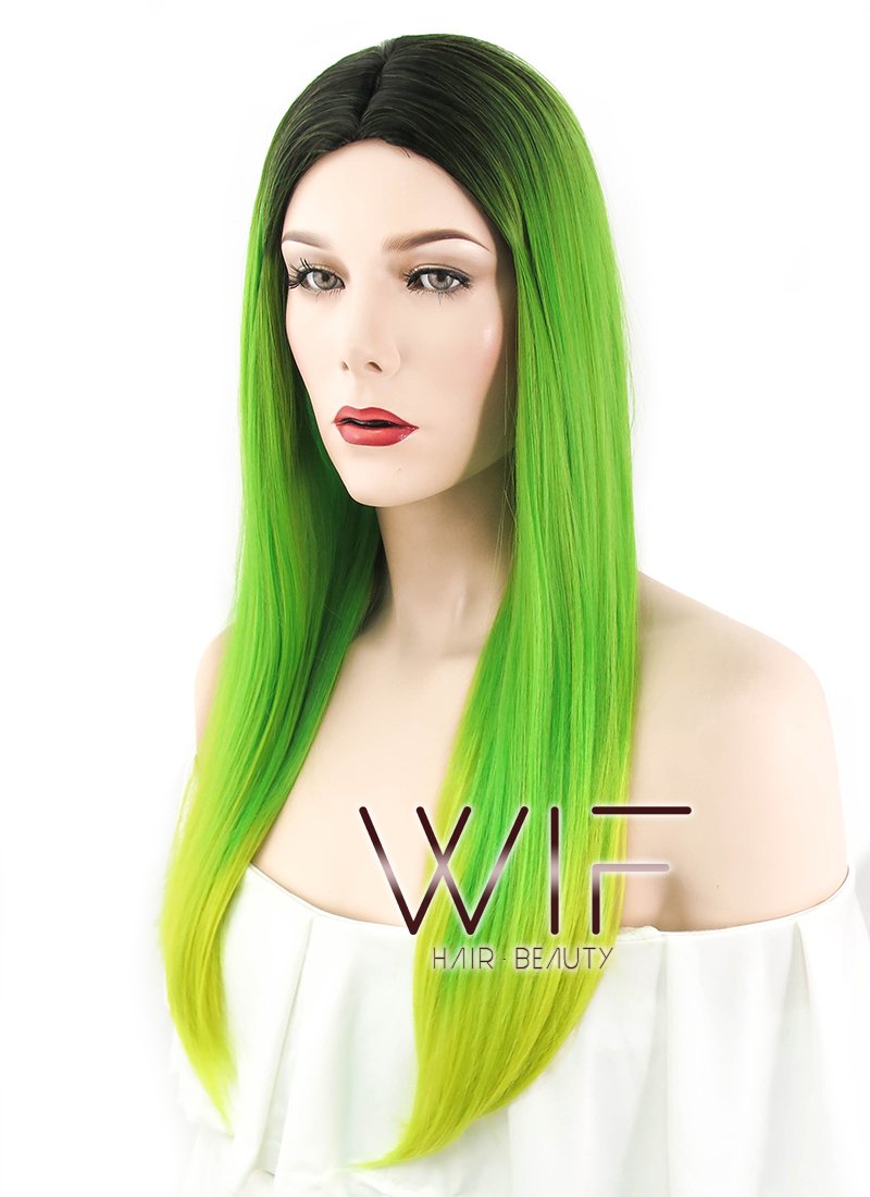 24" Straight Green Yellow Ombre With Dark Roots Synthetic Wig WIG307