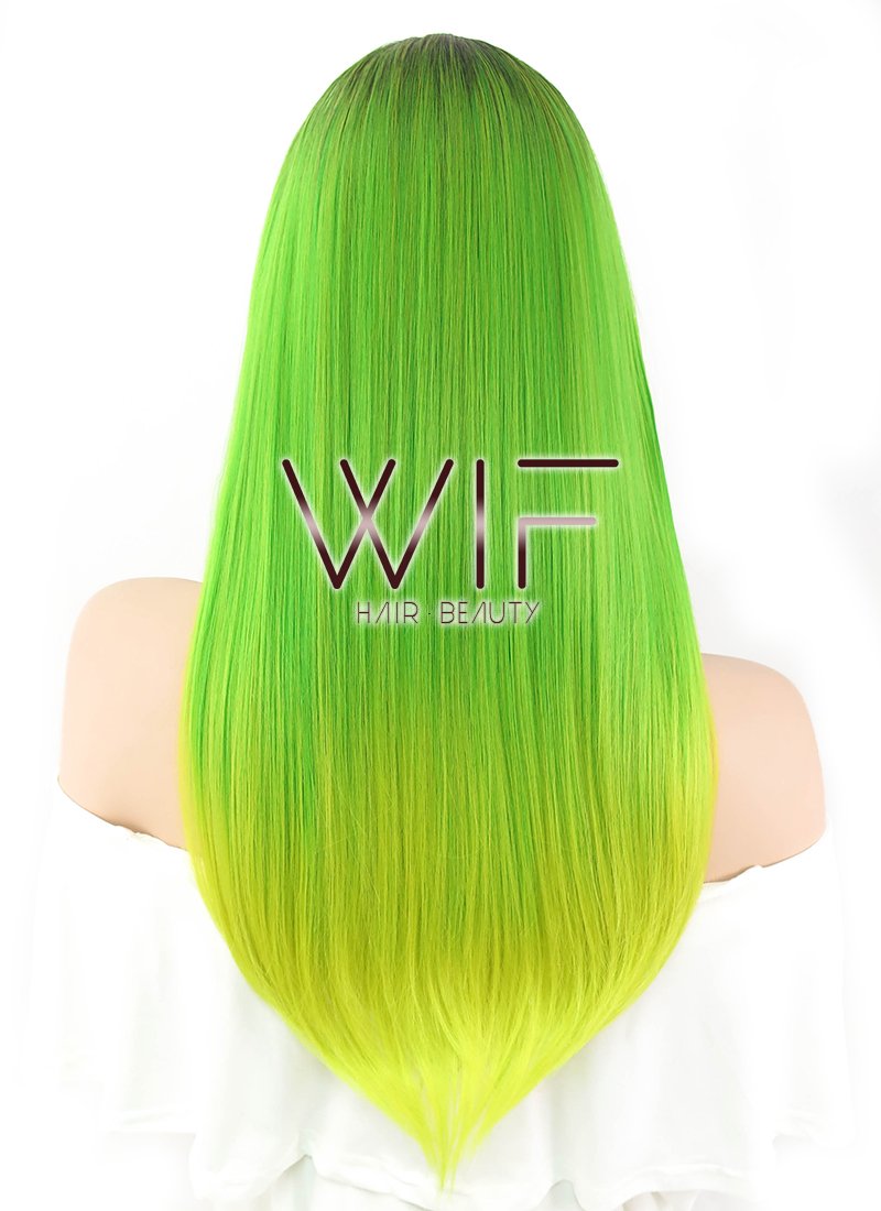24" Straight Green Yellow Ombre With Dark Roots Synthetic Wig WIG307