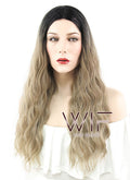 26" Wavy Ash Blonde With Dark Roots Synthetic Wig WIG309