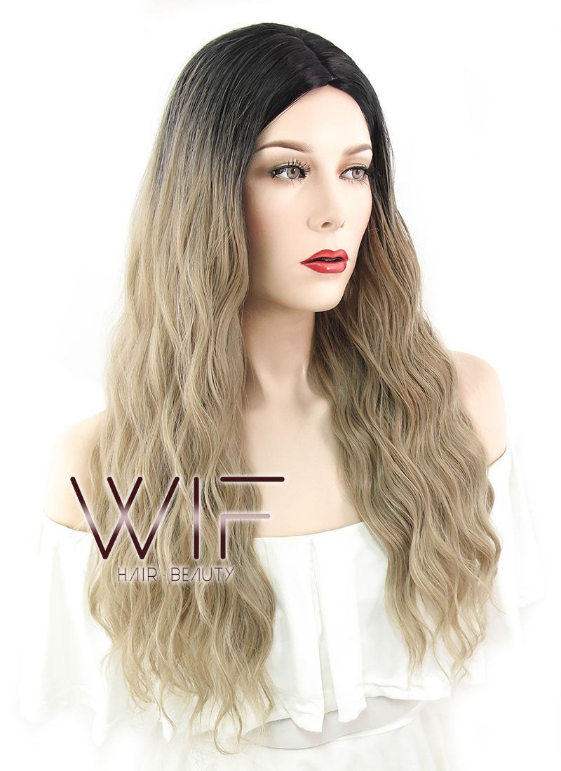 26" Wavy Ash Blonde With Dark Roots Synthetic Wig WIG309