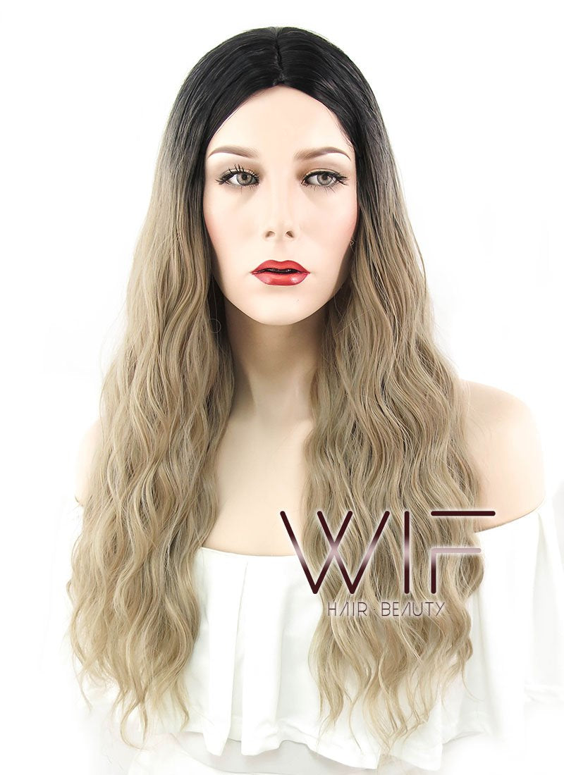 26" Wavy Ash Blonde With Dark Roots Synthetic Wig WIG309
