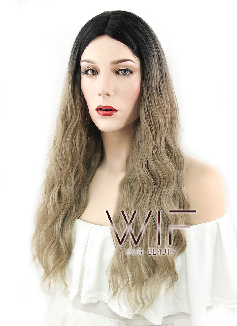 26" Wavy Ash Blonde With Dark Roots Synthetic Wig WIG309