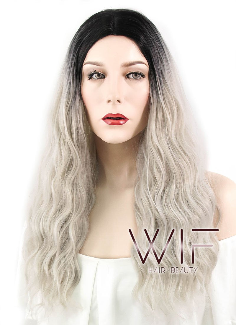 24" Wavy Ash Blonde With Dark Roots Synthetic Wig WIG310