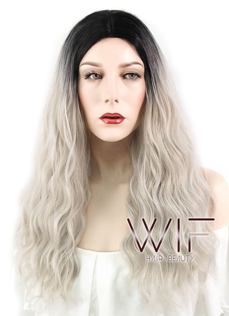 24" Wavy Ash Blonde With Dark Roots Synthetic Wig WIG310