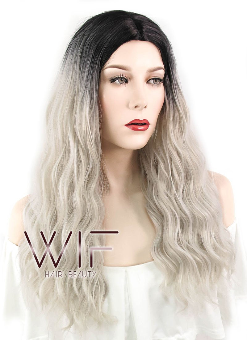 24" Wavy Ash Blonde With Dark Roots Synthetic Wig WIG310