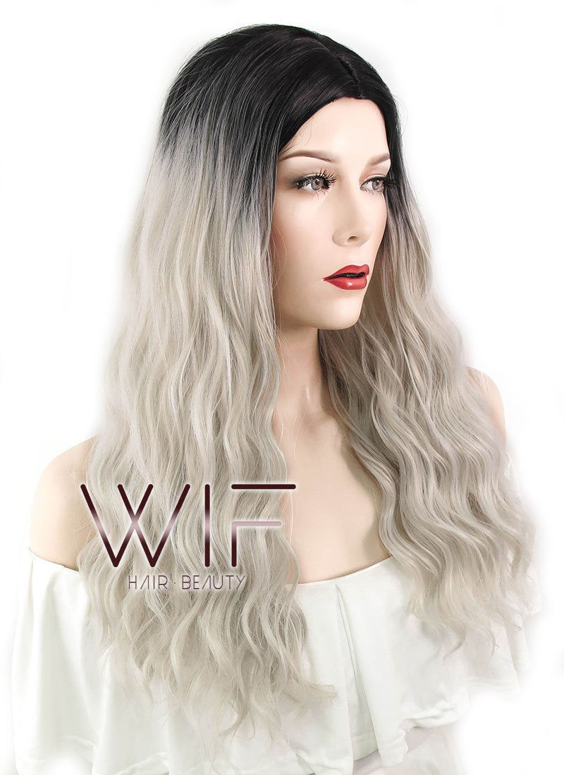 24" Wavy Ash Blonde With Dark Roots Synthetic Wig WIG310