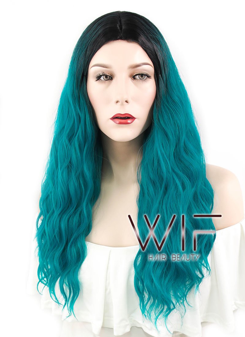 24" Wavy Green With Dark Roots Synthetic Wig WIG311