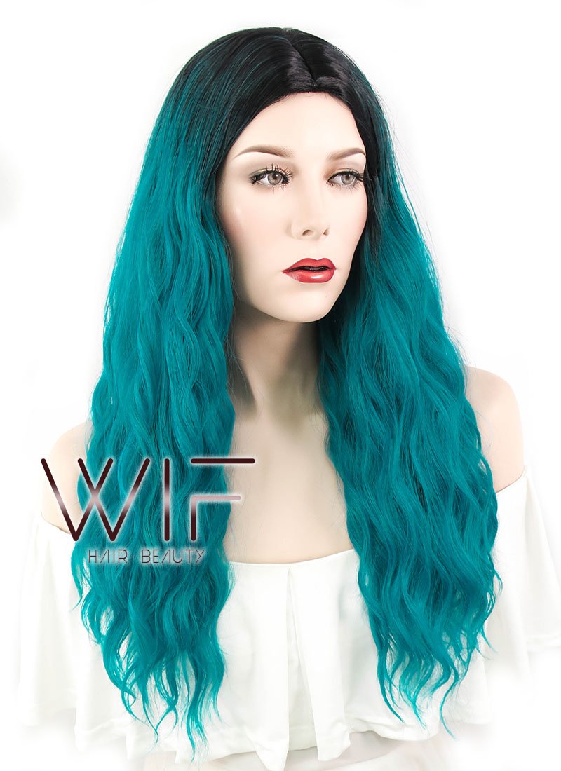 24" Wavy Green With Dark Roots Synthetic Wig WIG311