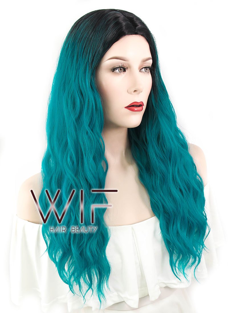 24" Wavy Green With Dark Roots Synthetic Wig WIG311