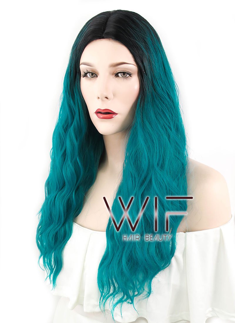 24" Wavy Green With Dark Roots Synthetic Wig WIG311