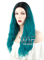 24" Wavy Green With Dark Roots Synthetic Wig WIG311