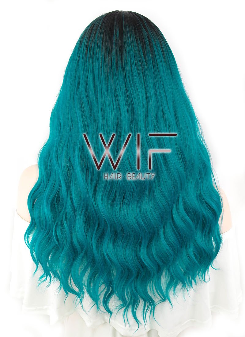 24" Wavy Green With Dark Roots Synthetic Wig WIG311