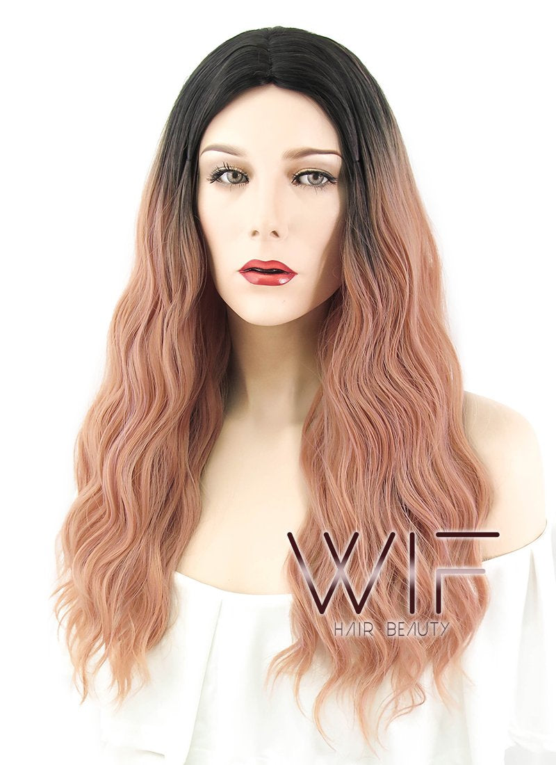 25" Wavy Peach Pink With Dark Roots Synthetic Wig WIG313