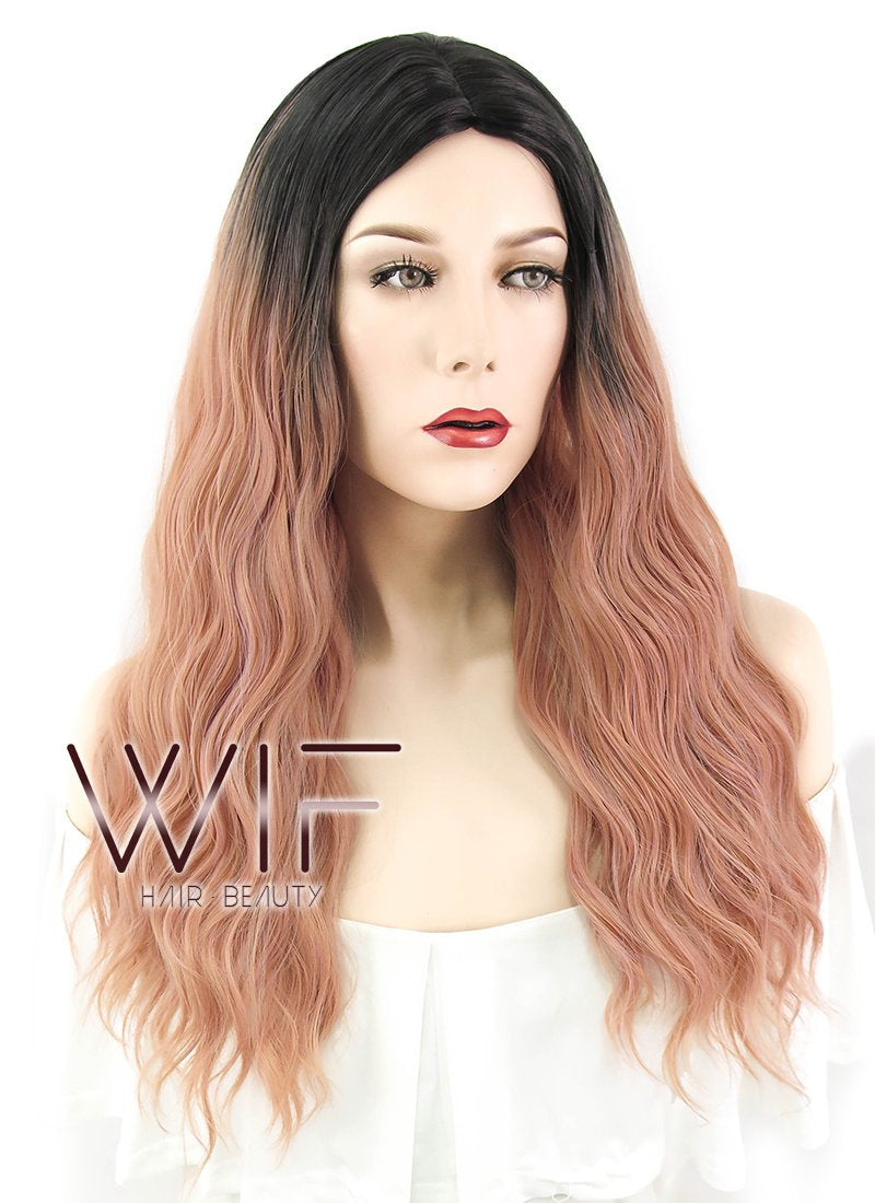 25" Wavy Peach Pink With Dark Roots Synthetic Wig WIG313