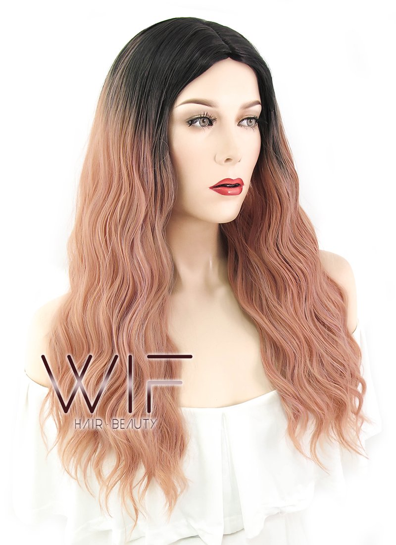 25" Wavy Peach Pink With Dark Roots Synthetic Wig WIG313