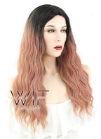 25" Wavy Peach Pink With Dark Roots Synthetic Wig WIG313