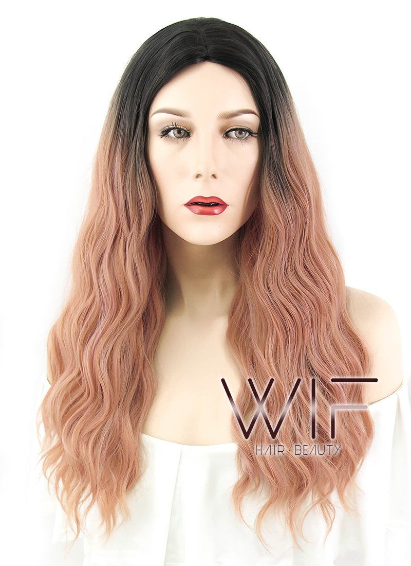 25" Wavy Peach Pink With Dark Roots Synthetic Wig WIG313