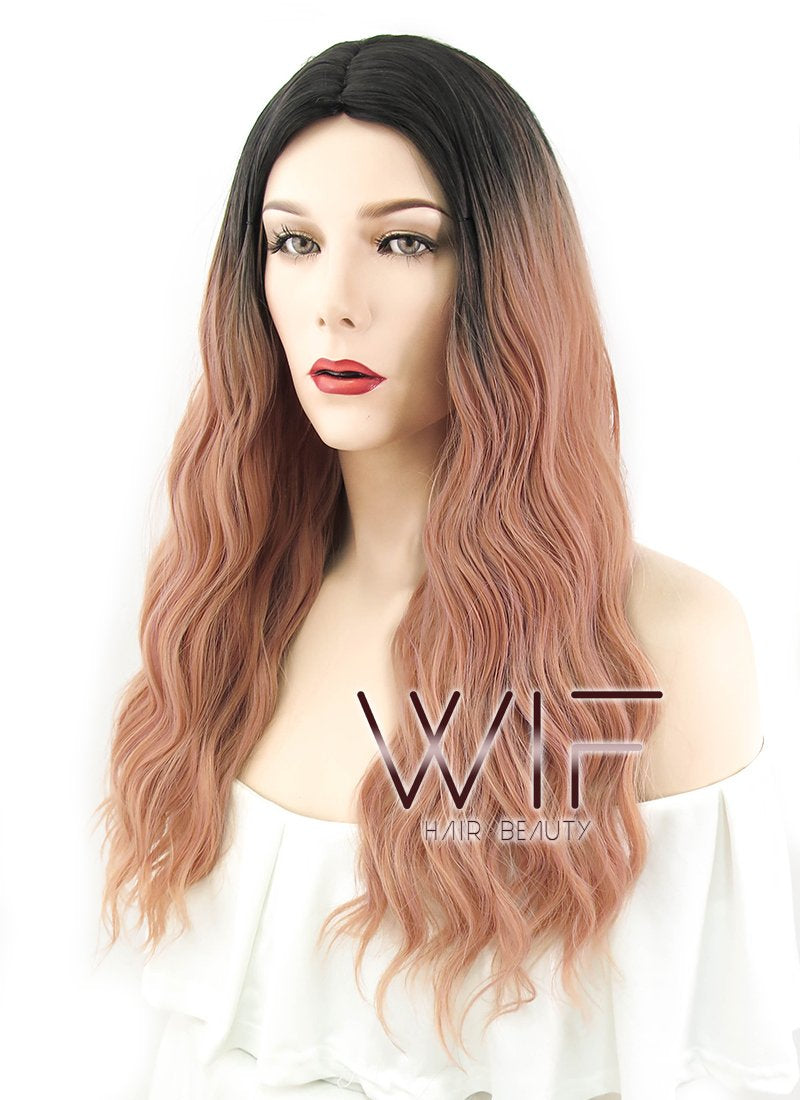 25" Wavy Peach Pink With Dark Roots Synthetic Wig WIG313