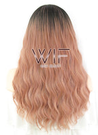 25" Wavy Peach Pink With Dark Roots Synthetic Wig WIG313