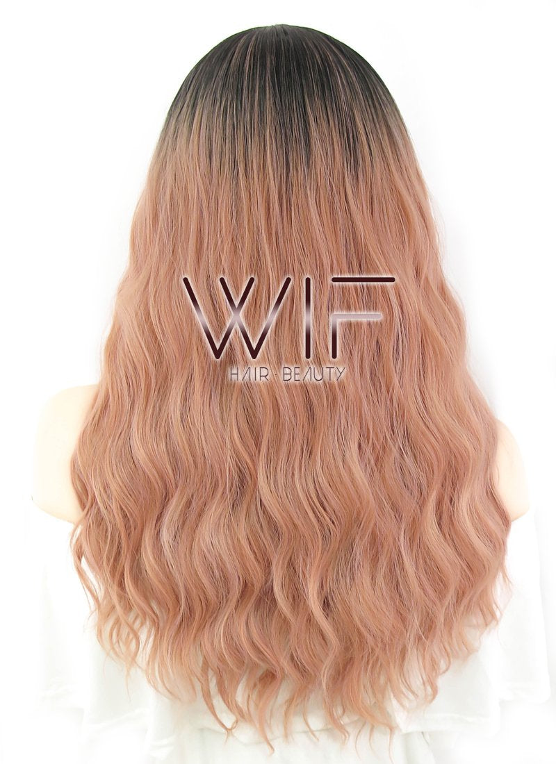 25" Wavy Peach Pink With Dark Roots Synthetic Wig WIG313