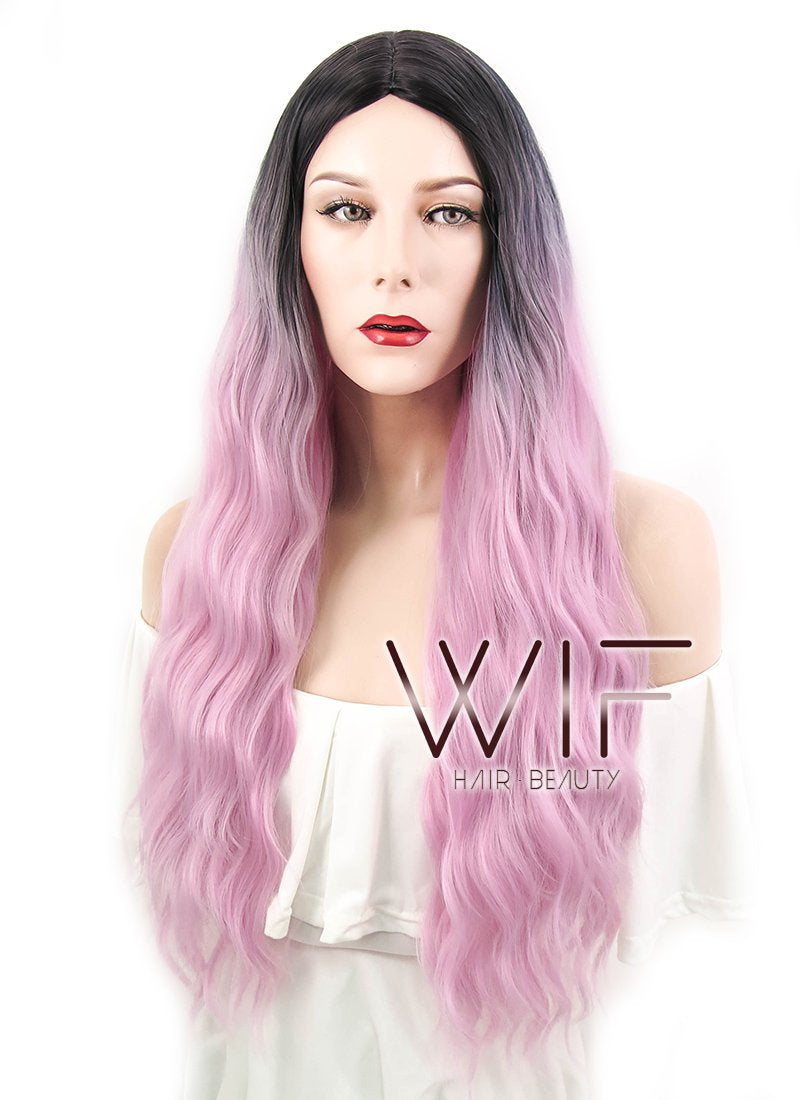 29" Wavy Pink With Dark Roots Synthetic Wig WIG314