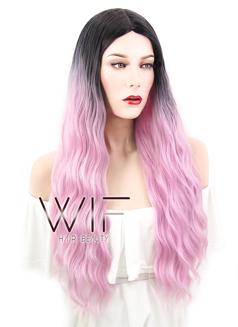 29" Wavy Pink With Dark Roots Synthetic Wig WIG314