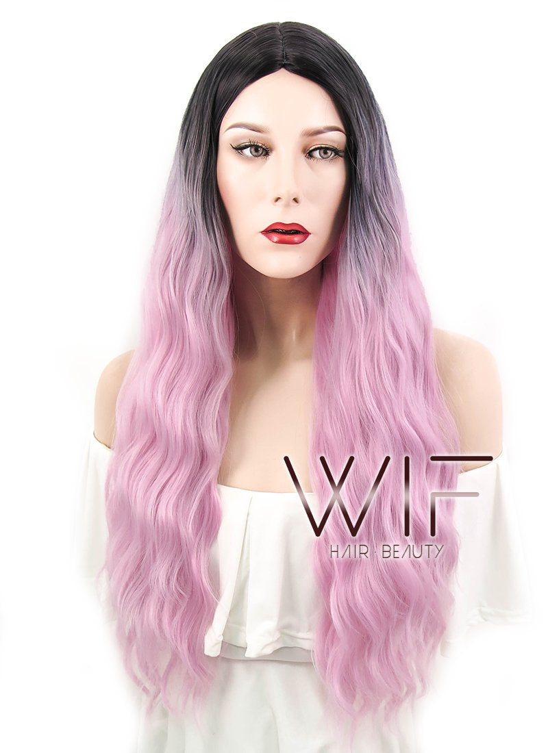 29" Wavy Pink With Dark Roots Synthetic Wig WIG314